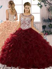 Pretty Burgundy Ball Gowns Organza Scoop Sleeveless Beading and Ruffles Floor Length Lace Up Vestidos de Quinceanera