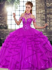 Dazzling Halter Top Sleeveless Tulle Sweet 16 Quinceanera Dress Beading and Ruffles Lace Up