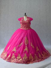 Cute Sleeveless Court Train Appliques Lace Up 15th Birthday Dress