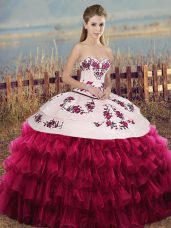 White And Red Organza Lace Up Quinceanera Gown Sleeveless Floor Length Embroidery and Ruffled Layers and Bowknot