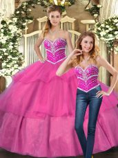 Hot Pink Sleeveless Floor Length Beading Lace Up Sweet 16 Dress