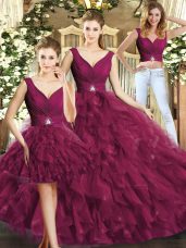 Fitting Burgundy Three Pieces V-neck Sleeveless Tulle Floor Length Backless Beading and Ruffles Ball Gown Prom Dress