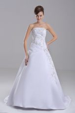 White Taffeta Lace Up Strapless Sleeveless Wedding Gown Brush Train Embroidery