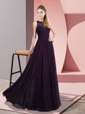 Dramatic Floor Length Empire Sleeveless Dark Purple Prom Party Dress Zipper