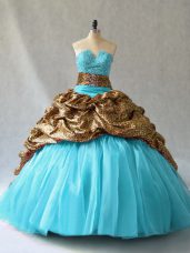 New Style V-neck Sleeveless Organza and Printed 15 Quinceanera Dress Beading and Pick Ups Lace Up