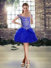 Royal Blue Lace Up Celebrity Inspired Dress Beading and Ruffles Sleeveless Mini Length