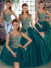 Sophisticated Floor Length Peacock Green Sweet 16 Dress Tulle Sleeveless Beading and Appliques