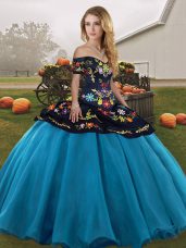 Adorable Embroidery Quinceanera Gowns Blue And Black Lace Up Sleeveless Floor Length