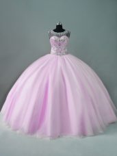 Comfortable Scoop Sleeveless Quinceanera Dresses Floor Length Beading Lilac Tulle