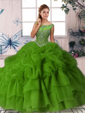 Green Quinceanera Dress Organza Brush Train Sleeveless Beading and Pick Ups