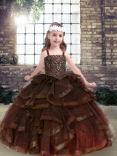 Brown Sleeveless Floor Length Beading and Ruffles Lace Up Child Pageant Dress