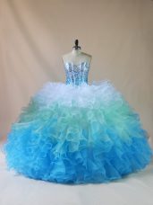 Sweetheart Sleeveless 15th Birthday Dress Floor Length Beading and Ruffles Multi-color Organza