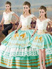 Adorable Satin V-neck Sleeveless Lace Up Embroidery and Ruffled Layers Sweet 16 Dresses in Apple Green