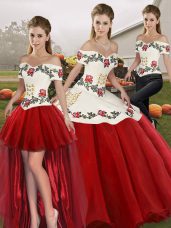 White And Red Organza Lace Up Off The Shoulder Sleeveless Floor Length Quinceanera Gown Embroidery