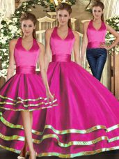 Fuchsia Tulle Lace Up Halter Top Sleeveless Floor Length Quinceanera Dresses Ruffled Layers