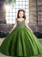 Green Tulle Lace Up Pageant Dress Toddler Sleeveless Floor Length Beading