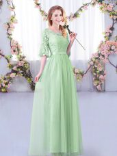 Apple Green Tulle Side Zipper Scoop Half Sleeves Floor Length Court Dresses for Sweet 16 Lace and Belt