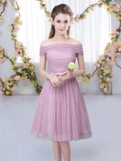 Trendy Pink Tulle Lace Up Wedding Guest Dresses Short Sleeves Knee Length Belt
