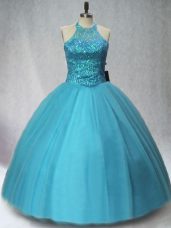 Beauteous Halter Top Sleeveless Tulle Ball Gown Prom Dress Beading Lace Up