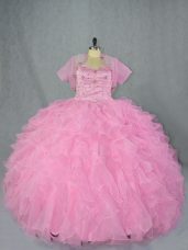 Delicate Sweetheart Sleeveless Quinceanera Gowns Floor Length Beading and Ruffles Baby Pink Organza