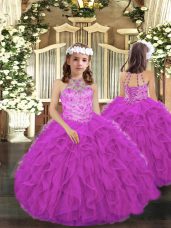 Fuchsia Lace Up Pageant Dress Toddler Beading and Ruffles Sleeveless Floor Length