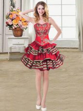 Flare Wine Red Ball Gowns Sweetheart Sleeveless Taffeta Mini Length Lace Up Embroidery and Ruffled Layers Party Dresses
