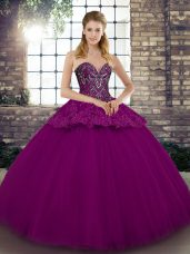 Lovely Tulle Sweetheart Sleeveless Lace Up Beading and Appliques Sweet 16 Dress in Fuchsia