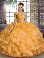Best Selling Ball Gowns Sweet 16 Quinceanera Dress Gold Off The Shoulder Organza Sleeveless Floor Length Lace Up