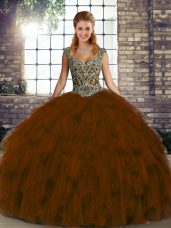 Best Straps Sleeveless Lace Up Ball Gown Prom Dress Brown Organza