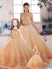 Sophisticated Peach Sleeveless Tulle Sweep Train Backless Quinceanera Gown for Military Ball and Sweet 16 and Quinceanera