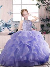 Customized Lavender Ball Gowns Organza Scoop Sleeveless Beading and Ruffles Floor Length Zipper Custom Made Pageant Dress