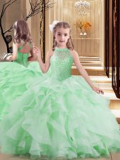 High Quality Sleeveless Tulle Floor Length Lace Up Girls Pageant Dresses in with Beading and Ruffles