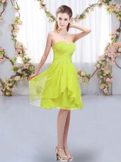 Sophisticated Sleeveless Chiffon Knee Length Lace Up Vestidos de Damas in Yellow Green with Ruffles and Ruching