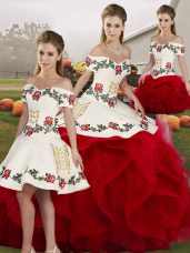 Eye-catching Off The Shoulder Sleeveless Lace Up Quinceanera Gown White And Red Tulle
