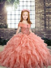 Elegant Peach Straps Lace Up Beading and Ruffles Girls Pageant Dresses Sleeveless