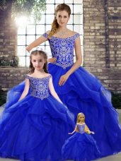 Captivating Royal Blue Off The Shoulder Lace Up Beading and Ruffles 15th Birthday Dress Brush Train Sleeveless