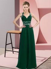 Dark Green Chiffon Backless Straps Sleeveless Floor Length Prom Party Dress Beading