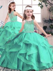 Scoop Sleeveless Lace Up Girls Pageant Dresses Aqua Blue Tulle