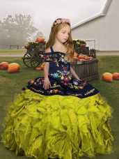 Embroidery and Ruffles Child Pageant Dress Green Lace Up Sleeveless Floor Length
