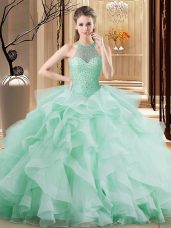 New Arrival Beading and Ruffles Vestidos de Quinceanera Apple Green Lace Up Sleeveless Brush Train