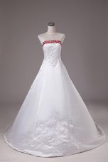 Most Popular Satin Strapless Sleeveless Brush Train Lace Up Beading and Embroidery Wedding Gowns in White