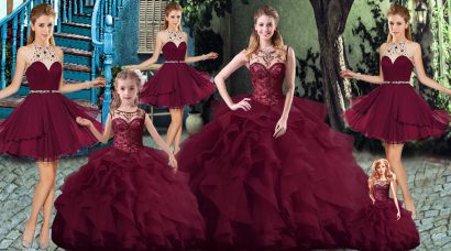 Burgundy Lace Up Scoop Beading and Ruffles Sweet 16 Quinceanera Dress Tulle Sleeveless Brush Train