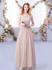 Pink Empire Lace and Belt Dama Dress for Quinceanera Side Zipper Tulle Sleeveless Floor Length