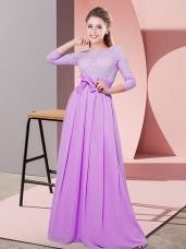 Floor Length Side Zipper Quinceanera Court Dresses Lilac for Wedding Party with Lace and Belt