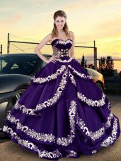 Purple Satin and Taffeta Lace Up Sweetheart Sleeveless 15th Birthday Dress Embroidery and Ruffled Layers