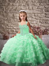 Apple Green Ball Gowns Beading and Ruffled Layers Little Girls Pageant Dress Lace Up Organza Sleeveless