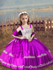 Satin Sleeveless Floor Length Kids Pageant Dress and Beading and Embroidery