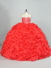 High Quality Organza Sweetheart Sleeveless Brush Train Lace Up Beading and Ruffles Quince Ball Gowns in Red
