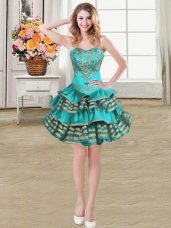 Mini Length Teal Prom Dresses Taffeta Sleeveless Embroidery and Ruffled Layers