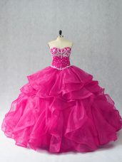 Fashionable Floor Length Lace Up Quinceanera Dresses Fuchsia for Sweet 16 and Quinceanera with Beading and Ruffles